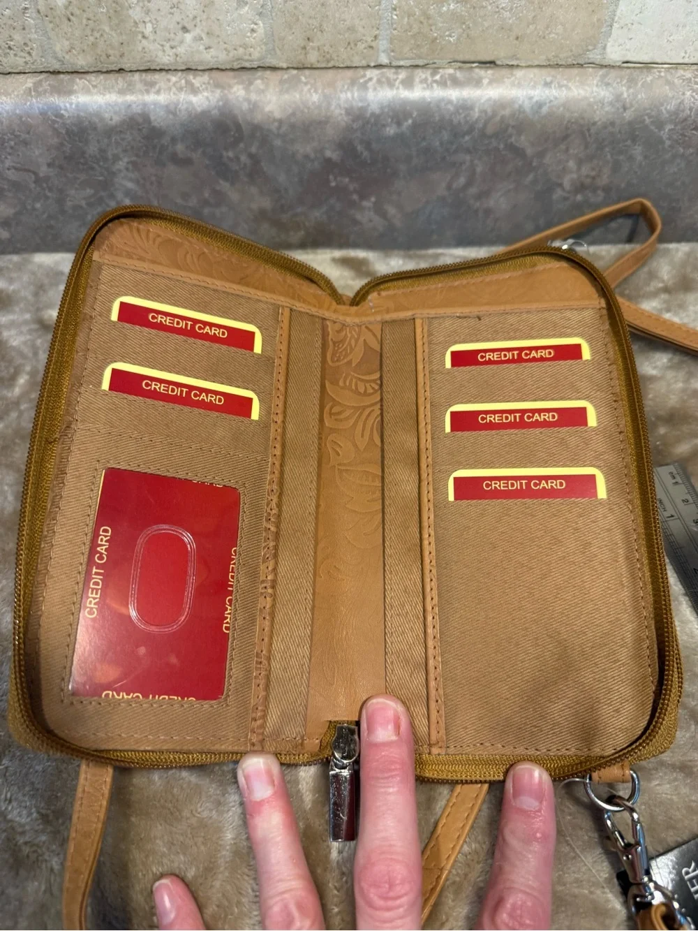 Tan Floral Embossed Genuine Leather Wristlet Wallet